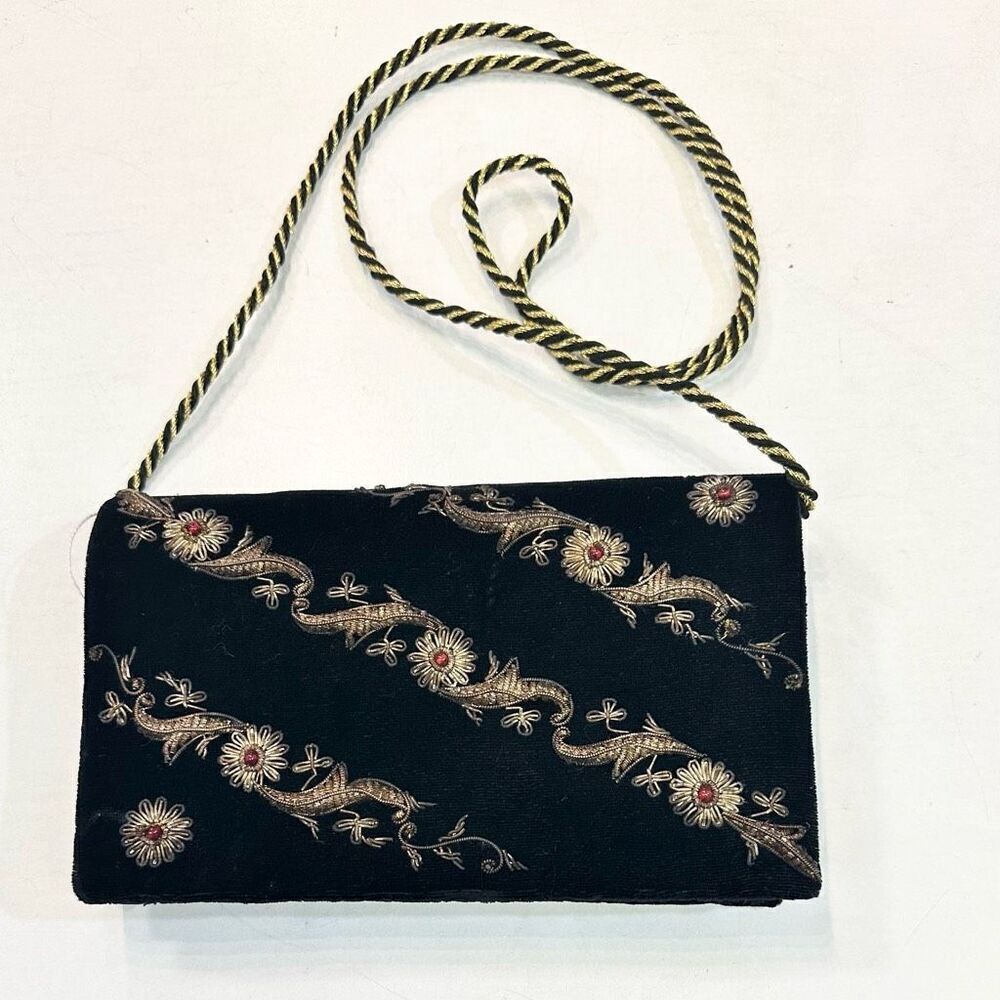 Vintage Black Velvet & Satin Gold & Jeweled Accent Evening Bag Rope Braided Stra